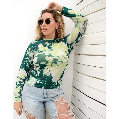 Plus Size Women Tie dye Print T-shirt Top Autumn New Casual Slim Long Sleeve O-neck Bottoming Mesh Sexy See Through Tee Pullover