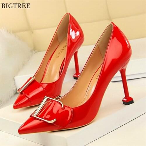 Red Belt Buckle Shallow Women Wedding Shoes 2021 New Patent Leather Pointed Toe Woman Pumps High Heels Female Dress Office Shoes