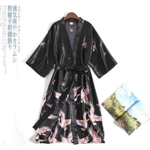 Summer Cardigan Japanese Style Crane Women Kimono Satin Yukata Vintage Nightgown Plus Haori Pajamas Party Spa Korean Long Robe