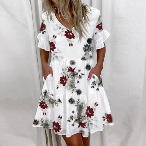 2021 Summer Casual Ruffles Loose V-Neck Dress Women Short Sleeve Floral Print Woman Dress Plus Size Fashion White Beach Dresses