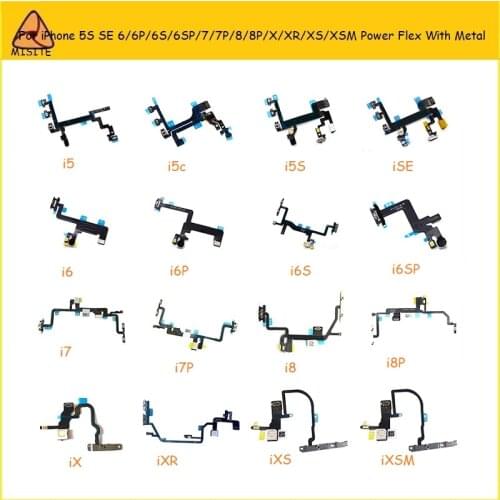 10Pcs Power Flex For i Phone X Xs Max XR 6 6s 7 8 Plus SE 5S 5G 5C Mute Button Volume Power Flex Cable With Metal Replacement