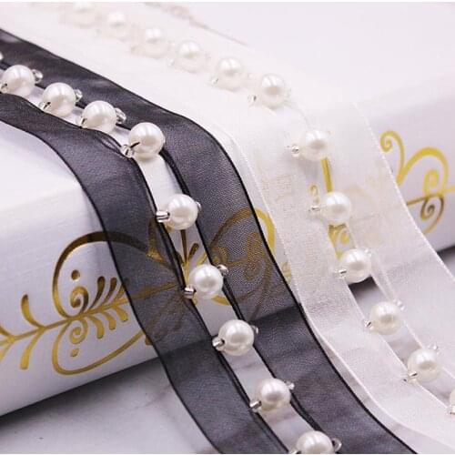 10 Yards Pearls Beaded Lace Trims Sew On Ribbon for DIY Cloth Organza Ribbon beads lace Wedding Dress Belt Wide 3.5cm
