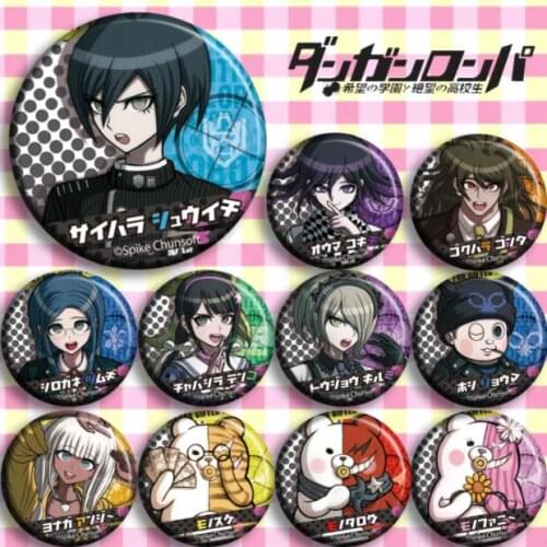 11pcs/1lot Anime Danganronpa: Trigger Happy Havoc Monokuma Naegi Makoto Figure 4759 Badges Round Brooch Pin Gifts Kids Toy