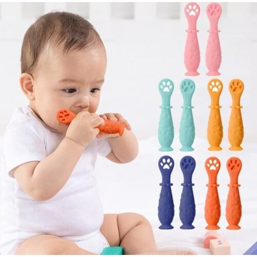 2Pcs/Set Baby Learn Spoon Set Short Easy Spoon Cartoon Silicone Teether Infant Anti-slip Feeding Training Utensils Tableware