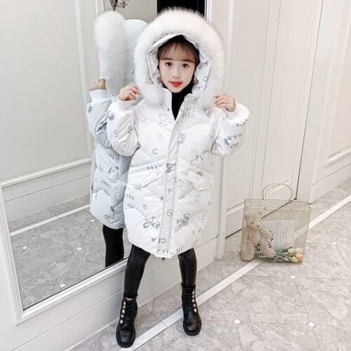 2021 Girls Winter Coat with Thick Fur Collar and Warm Down Cotton-padded Coat