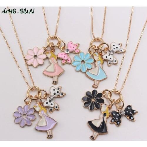 MHS.SUN New Kids Girls Long Chain Necklace With Cute Maid Flower Pendants Children Necklace Party Jewelry 1Pcs