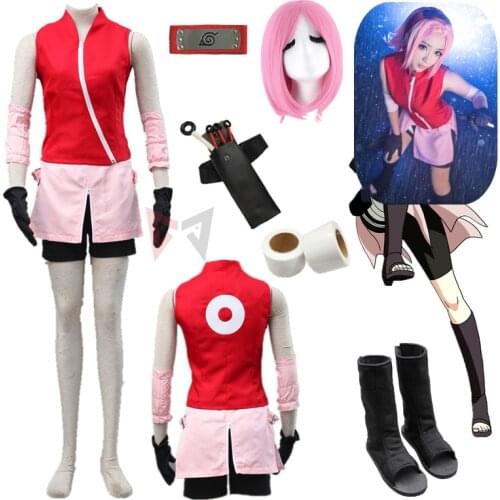 Anime Shippuden Haruno Sakura Cosplay Costume Shirt Shorts Gloves Skirt Wig Boots Props Halloween Game Set For Girl Women Kids