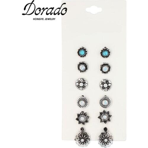 Dorado Bohemia 6pcs/set Retro Hollow Metal Blue Stone Round Irregular Stud Earrings For Women Carve Bijoux Fashion Jewelry Gift