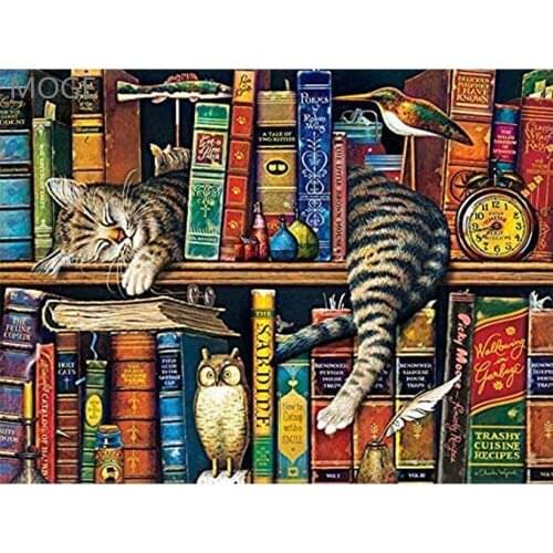Cat Bookshelf Snooze DIY diamond Painted Kit with Diamond Mosaic animal Cat full diamond embroidered wall decoration