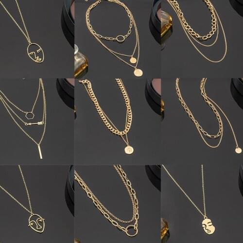 ZWC Personality Human Face Pendant Multilayer Necklace for Women Charms Gold Color Alloy Metal Geometric Sweater Chain Jewelry