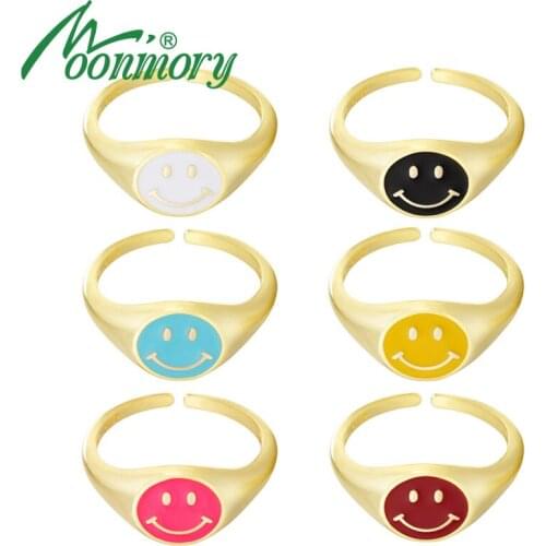 Moonmory 100% 925 Sterling Silver Lovely Smiley Face Rings For Women European Pop Colorful Enamel Adjustable Jewelry Wholesale