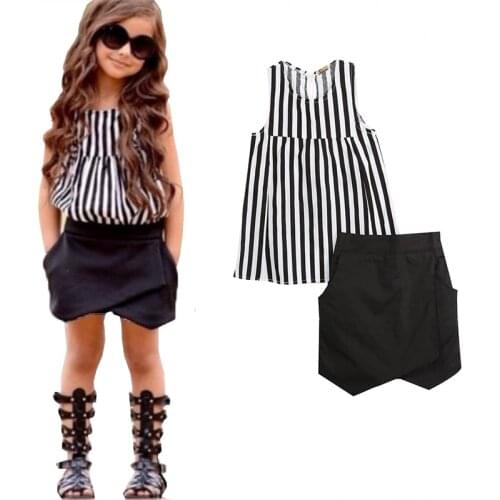 NEW Hot-selling 2pcs Baby Kids Girls Summer Clothes Sleeveless Striped Tops Blouse+Asymmetric Shorts Outfits Clothing Set 2~7T
