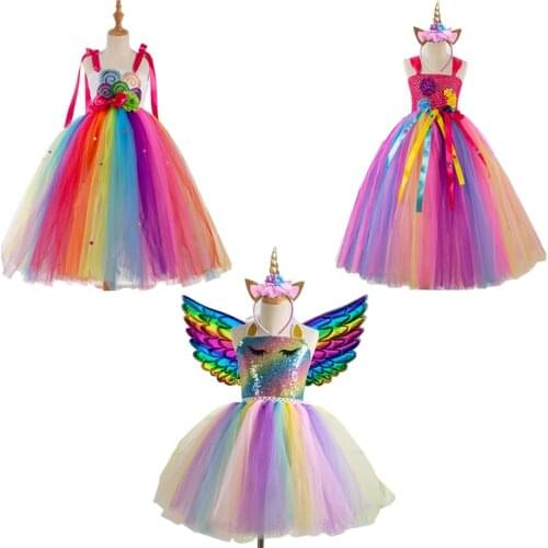 New Arrival Rainbow Unicorn Princess Dress Halloween Costume For Kids Carnival Candy Dress Up