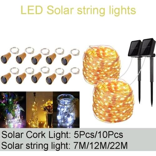 New Solar String Light 5Pcs/10Pcs LED Cork Lights 7/12/22M Fairy Lamp String for Christmas Party Wedding Lighting Garden Decorat