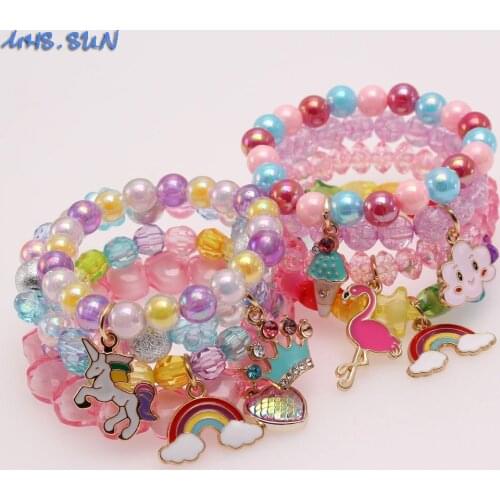 MHS.SUN 4PCS DIY Kids Girls Beaded Necklace With Ice-Cream/Rainbow Pendant Charming Elastic Bangles for Baby Children Party Gift