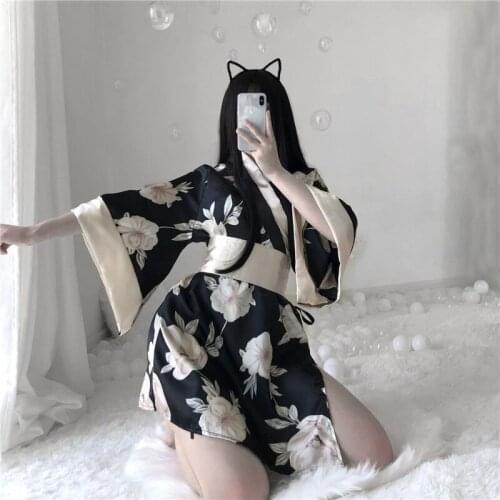 Japanese Style Yukata Sexy Satin Pajamas 2021 New Floral Print Anime Cosplay Sexy Waist Black Kimono Game Uniform Robe