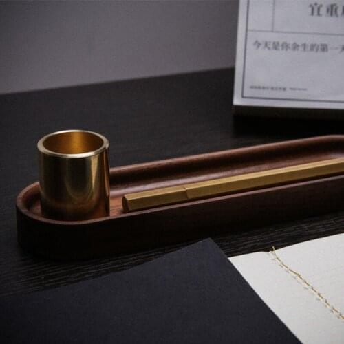Brass Walnut Solid Wood Ball Pen Stand Storage Box Desktop Table Pencil Holder Book Clip Marks Plate School Office Supplies Gift