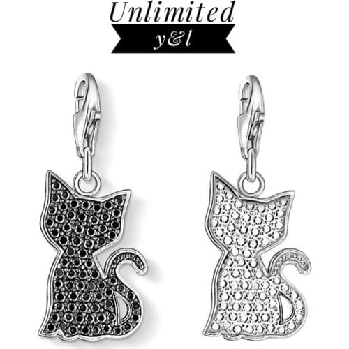 Black White Cat Charms Pendant Fit DIY Bracelets Necklace 925 Sterling Silver Cute Pave Cubic Zirconia Jewelry Girl Boy Gifts
