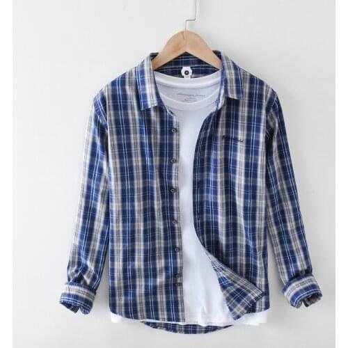 Striped Plaid Long Sleeve Shirt for Men Vintage Casual Turn-down Collar Pure Cotton Fashion Clothing Trends 2021 New