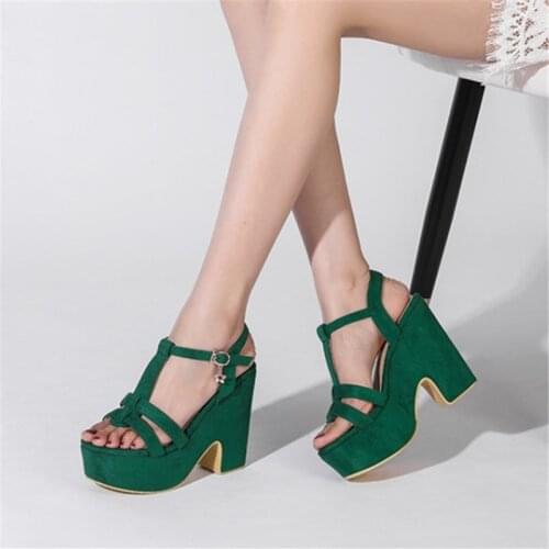 PXELENA NEW Punk Gothic Women T tied Sandals Platform Chunky High Heels Shoes Faux Suede 2021 Summer Plus Size 34-44 Black Green