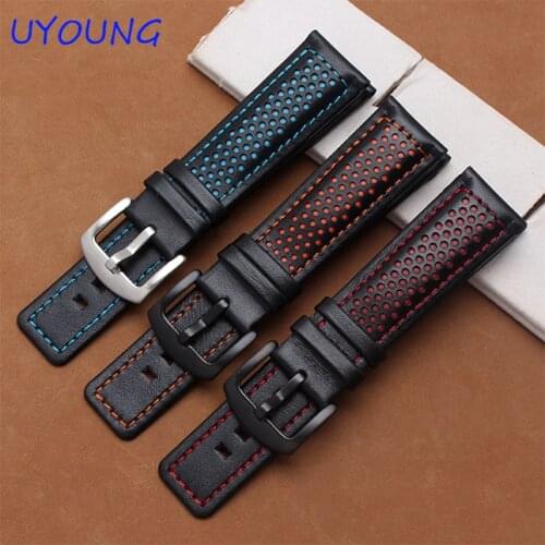 22mm Genuine Leather Watch bands Black Bracelet With Colour hole Replacement Leather Strap With Clasp