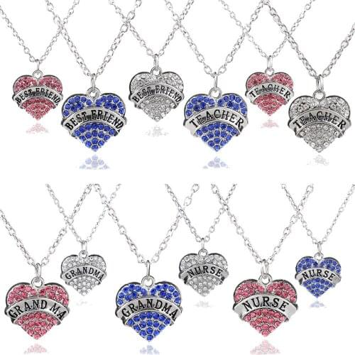 Pink Blue Clear Crystal Mom Sister Daughter Nana Hope Heart Pendant Chain Necklace Women Best Friend Jewelry Mothers Day Gifts