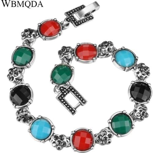 Wbmqda 2018 New Fashion Vintage Colorful Round Resin Silver Color Bracelets Bangles For Women Bohemian Summer Tibetan Jewelry