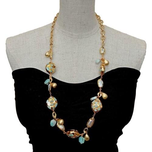 YYGEM natural Cultured White Biwa Pearl natural blue larimar chips beads pave Gold Plated Chain Long Necklace 30"