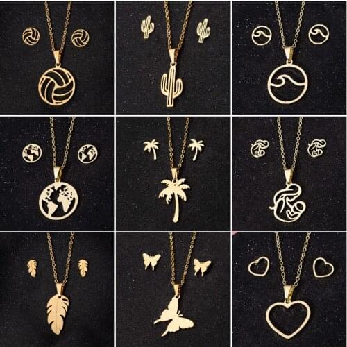 Stainless Steel Ballet Necklaces for Women Fashion Butterfly Leaf Cactus Coconut Angel Necklace Earings Fashion Jewelry Set
