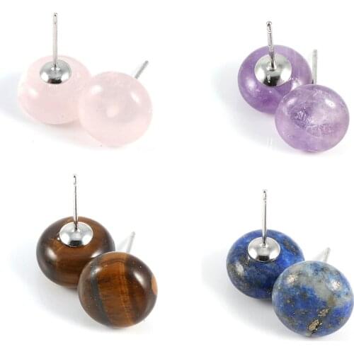 Natural Stone Oblate Stud Earrings Rose Quartzs Tiger Eye Semi-precious Simple Ear Jewelry Gifts for Women Earring 1Pair