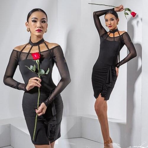 Latin Dance Performance Clothes Women Black Dress Halter Neck Mesh Long Sleeve Sexy Competition Dress Samba Costumes DNV14638