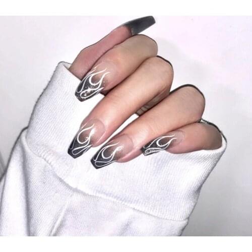 24pcs/set Punk Dark Black False Nails Square Head Fire Pattern Glitter Fake Nails with Glue Full Nail Art Tips Manicure Tools