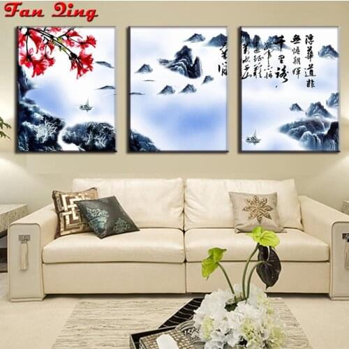 Diamond Embroidery Chinese Traditional Art Calligraphy Landscape Painting 3pcs Full Square Round Rhinestone Diy Cross Stitch