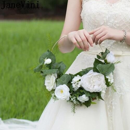 JaneVini White Rose Bride Flower Basket Bouquet Artificial Green Leaves Round Flowers Wreath Bridal Wedding Bouquet Accessories