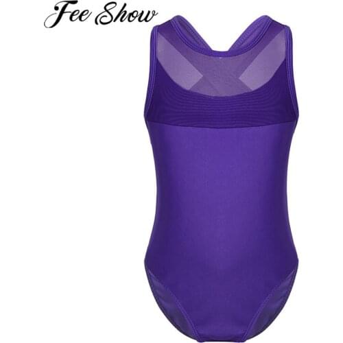FEESHOW Girls Ballet Leotard Dresses Sleeveless Cutout Back Mesh Bodysuit Gymnastics Jumpsuit For Children Performance Costume