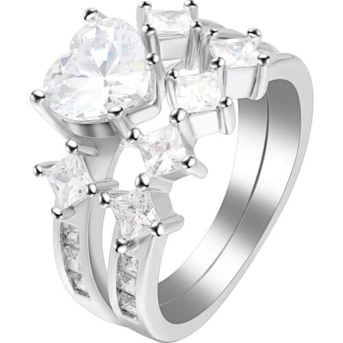 Hainon New Silver Color Ring Love Heart Romantic Finger Ring sets for Women Wedding Promises Rings Jewelry Paved Crystal Stone
