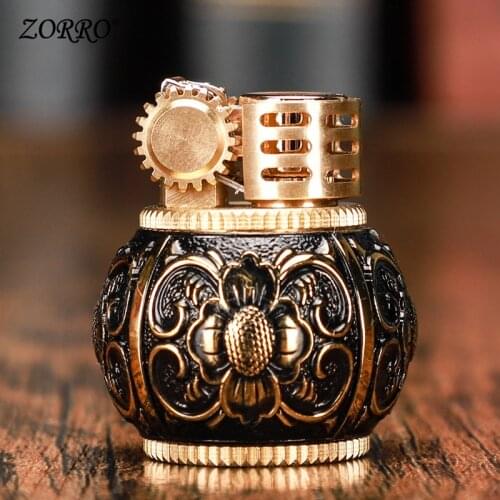 Lighters Lighter Lighter Personality Creative Mini Magic Bead Wind-proof Retro-vintage Carved Round Kerosene Lighter Men