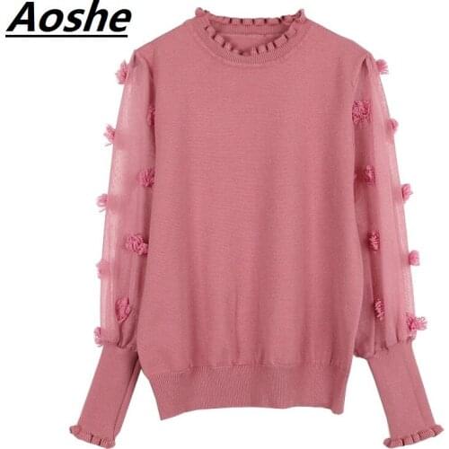 Aoshe Korean Fashion Spring Sweater For Women Pullovers 2018 New Chic Mesh Lantern Sleeve 3D Flower Patchwork Sweet Top Jumper