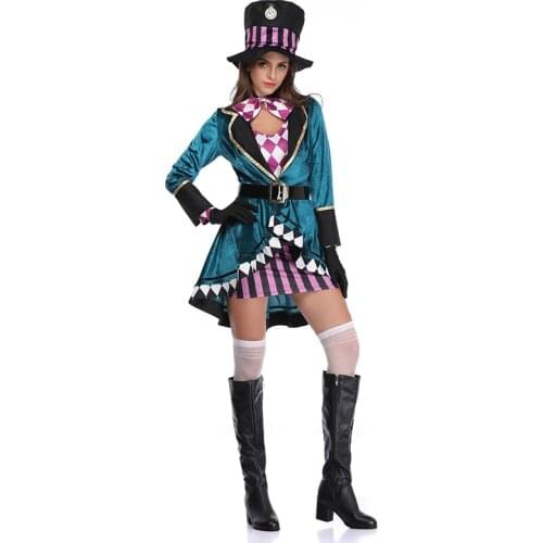 Alice in Wonderland Clown Mad Hatter Cosplay Costume for Adults Women Girls Halloween Carnival Stage Performance Costume C88K226