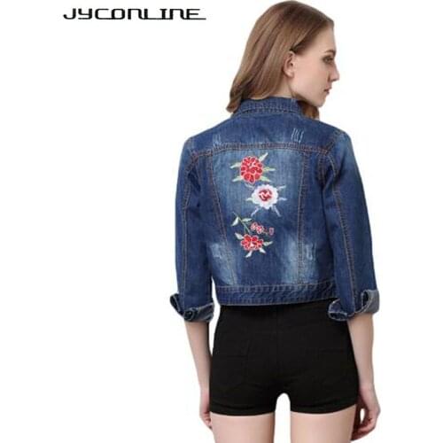 JYConline Jeans Jacket Women Floral Embroidery Bomber Jackets Women Coat Hot Slim Denim Jacket Short Jean Coat Female Outerwear