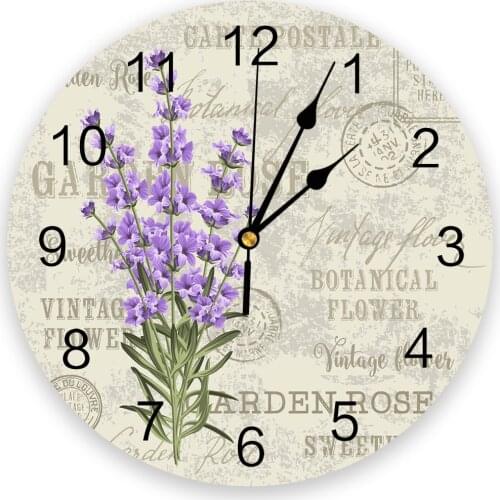 Lavender Purple Flowers Leaves Retro Wall Clock Modern Design Home Wall Decorations Living Room Ornament Round Clocks