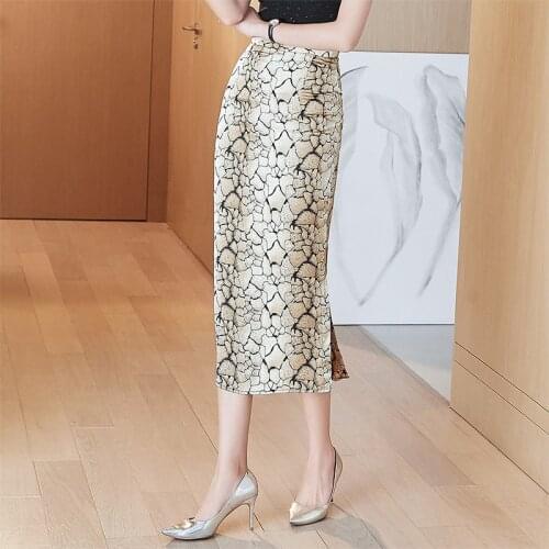 Summer Retro Prints Women High Waist Side Slit Bud Skirts Antique Fashion Long Design Satin Skirts