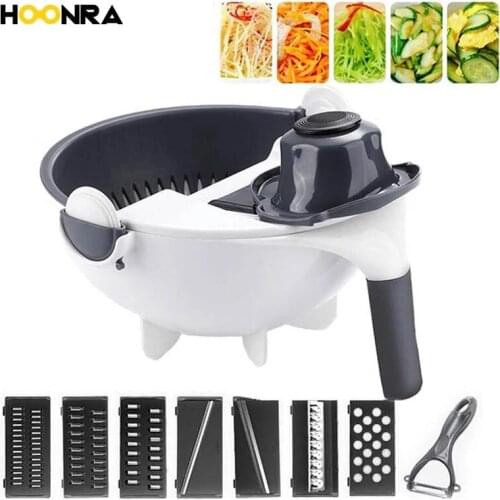 HOONRA Multifunctional Rotate Vegetable Cutter Multi Manual Silcers Kitchen Drain Basket Vggie Fruit Shedder Grater Peeler