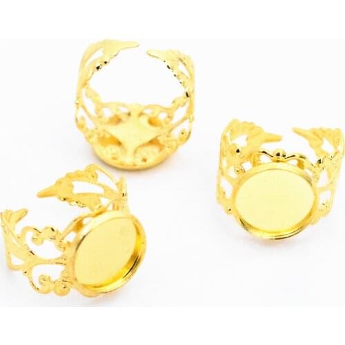 New 12mm 10pcs/Lot Classic Gold Color Plated Copper Material Adjustable Ring Settings Base,Fit 12mm Glass Cabochons;Ring Bezels