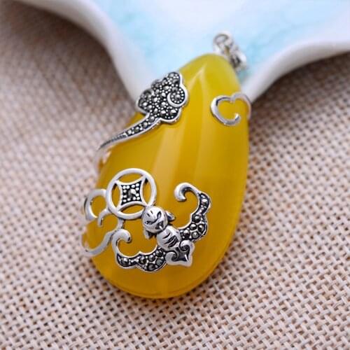 MetJakt Vintage Water Drop Natural Yellow Chalcedony with Zircon Pendant Solid 925 Sterling Silver Pendant for Sweater Chain