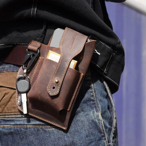 Real Leather men Casual Design Small Waist Bag Cowhide Fashion Hook Bum Bag Waist Belt Pack Cigarette Case 5.5" Phone Pouch #3