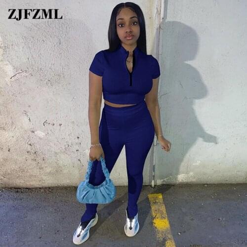Active Wear Workout Sport Two Piece Set Womens Clothes Zipper Front Short Sleeve Crop Top and Skinny Trouser Knitted Outfits