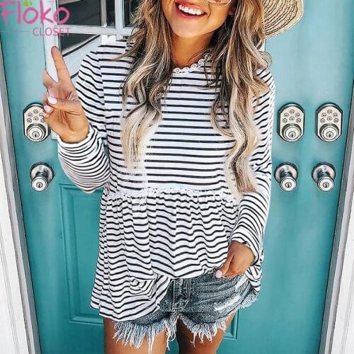 Flokocloset Autumn Lace Stitching Striped Print O-Neck T-Shirts Casual Long Sleeve Spring Women Tops Tees