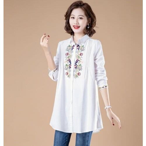 100% Cotton Embroidery Women Shirts Loose Oversized Straight Casual Vintage Female Outwear Coats Tops