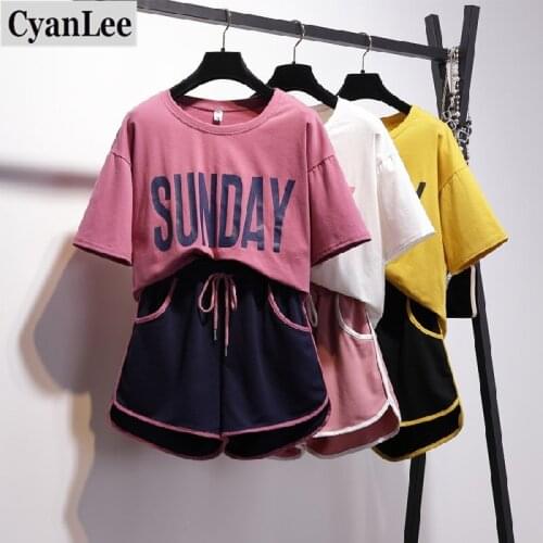 Plus Size 2020 New Womens Sets Two Piece Casual Loose Tracksuit Letter Short-sleeve Tops Elastic Waist Shorts Suit